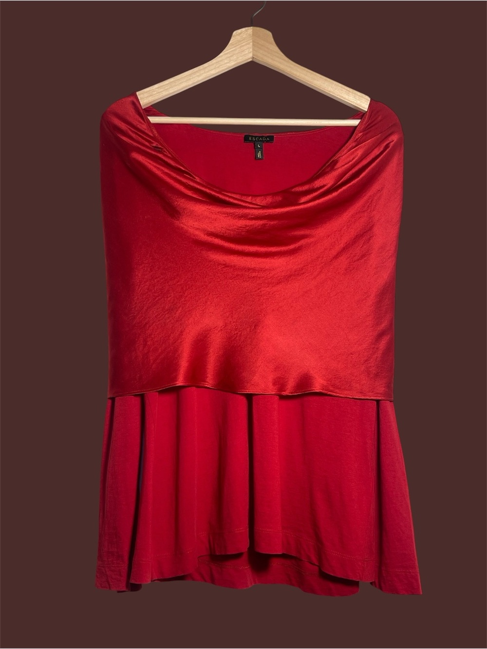 Escada Vintage latique Red Silk Cowl Neck over long sleeve Jersey top Large